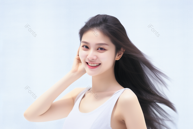 年轻女性柔顺长发白色背景摄影真实,高清,摄影图,摄影图片,图片大全,摄影图免费下载